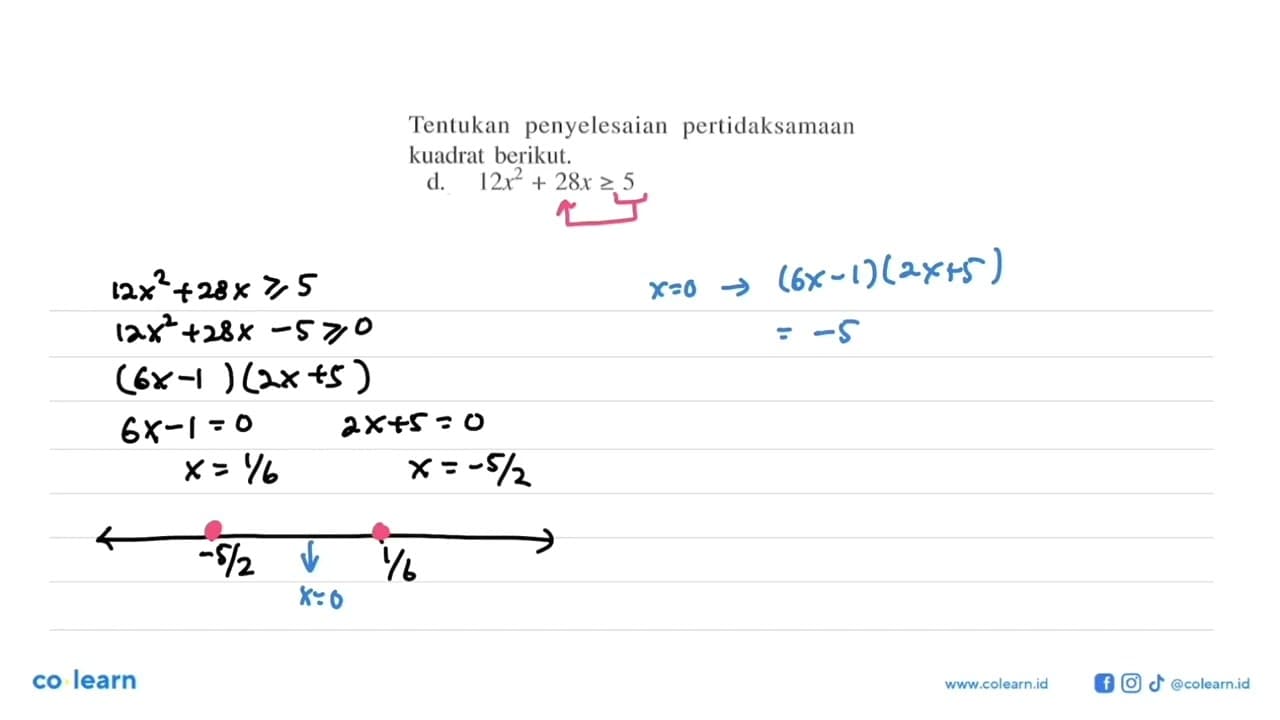 Tentukan penyelesaian pertidaksamaan kuadrat berikut. d.