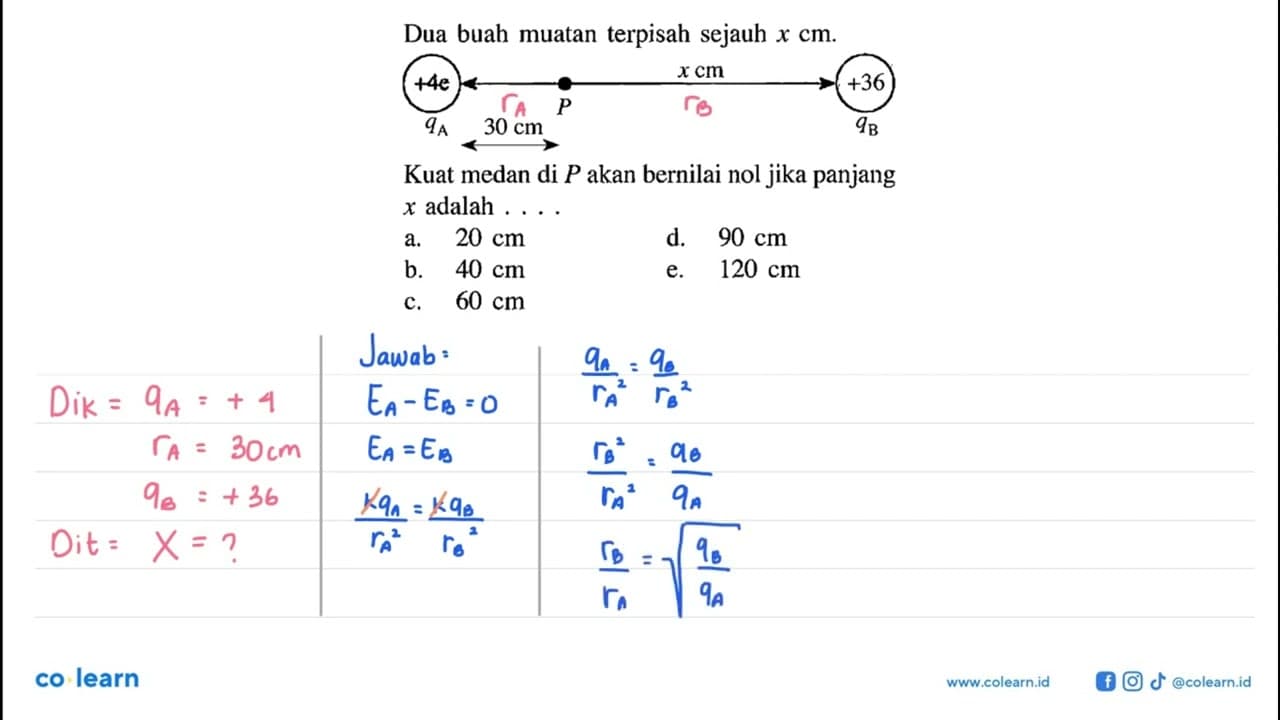 Dua buah muatan terpisah sejauh X cm. Kuat medan di P akan