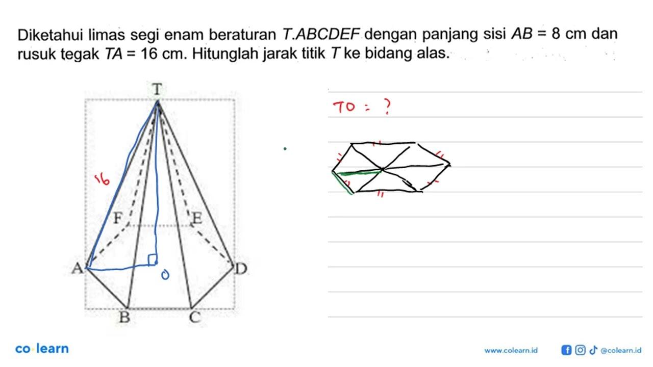 Diketahui limas segi enam beraturan T.ABCDEF dengan panjang