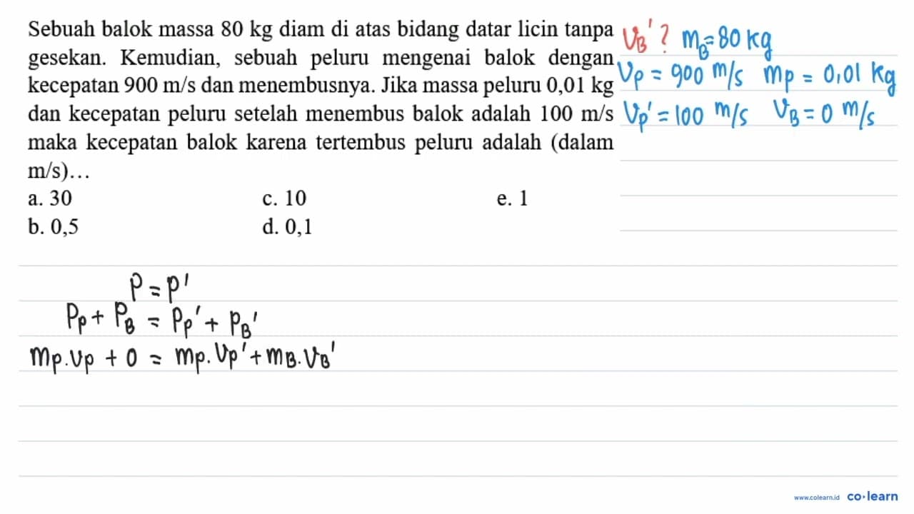 Sebuah balok massa 80 kg diam di atas bidang datar licin