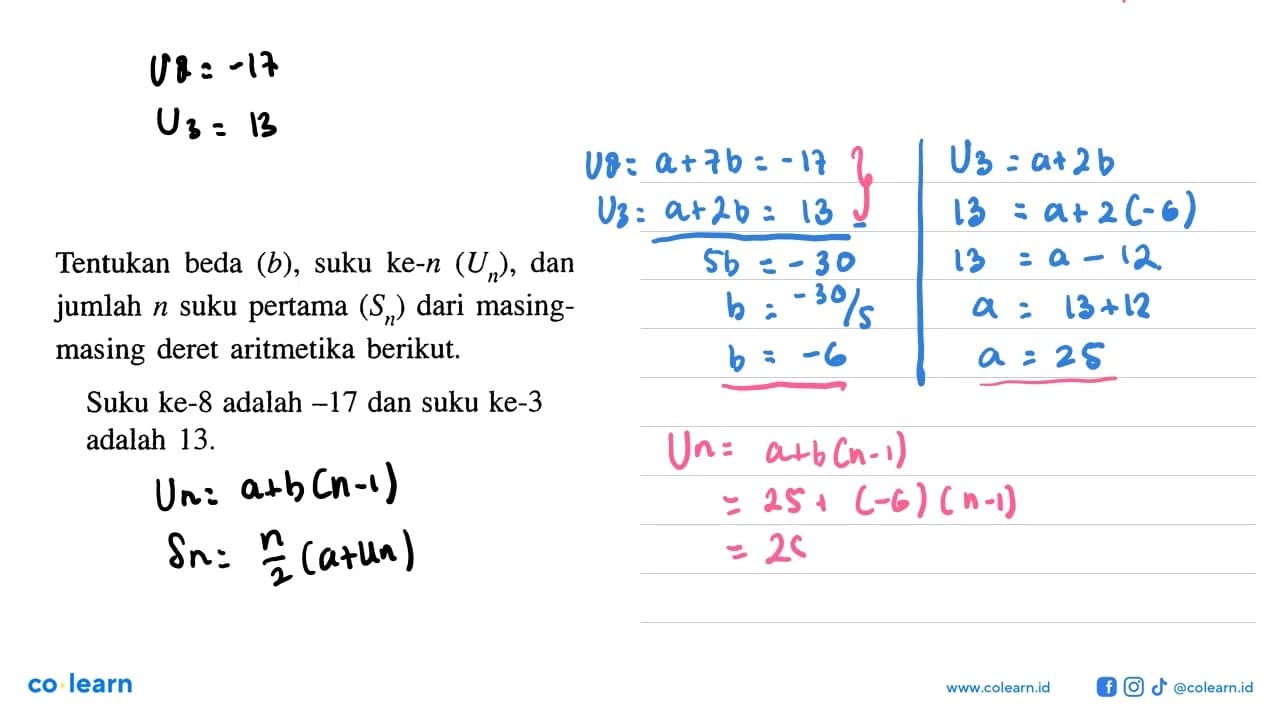 Tentukan beda (b) , suku ke-n(Un) , dan jumlah n suku