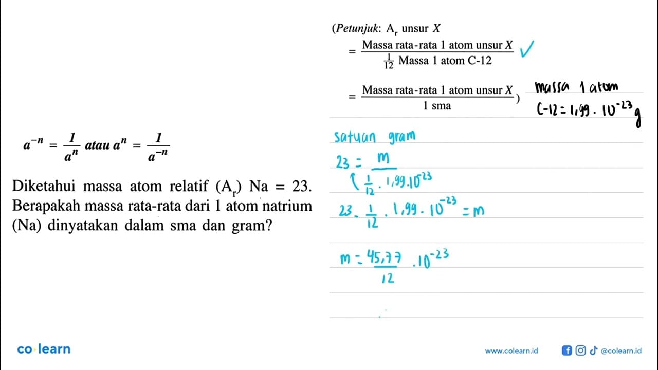 a^(-n)=1/(a^n) atau a^n=1/(a^(-n)) Diketahui massa atom