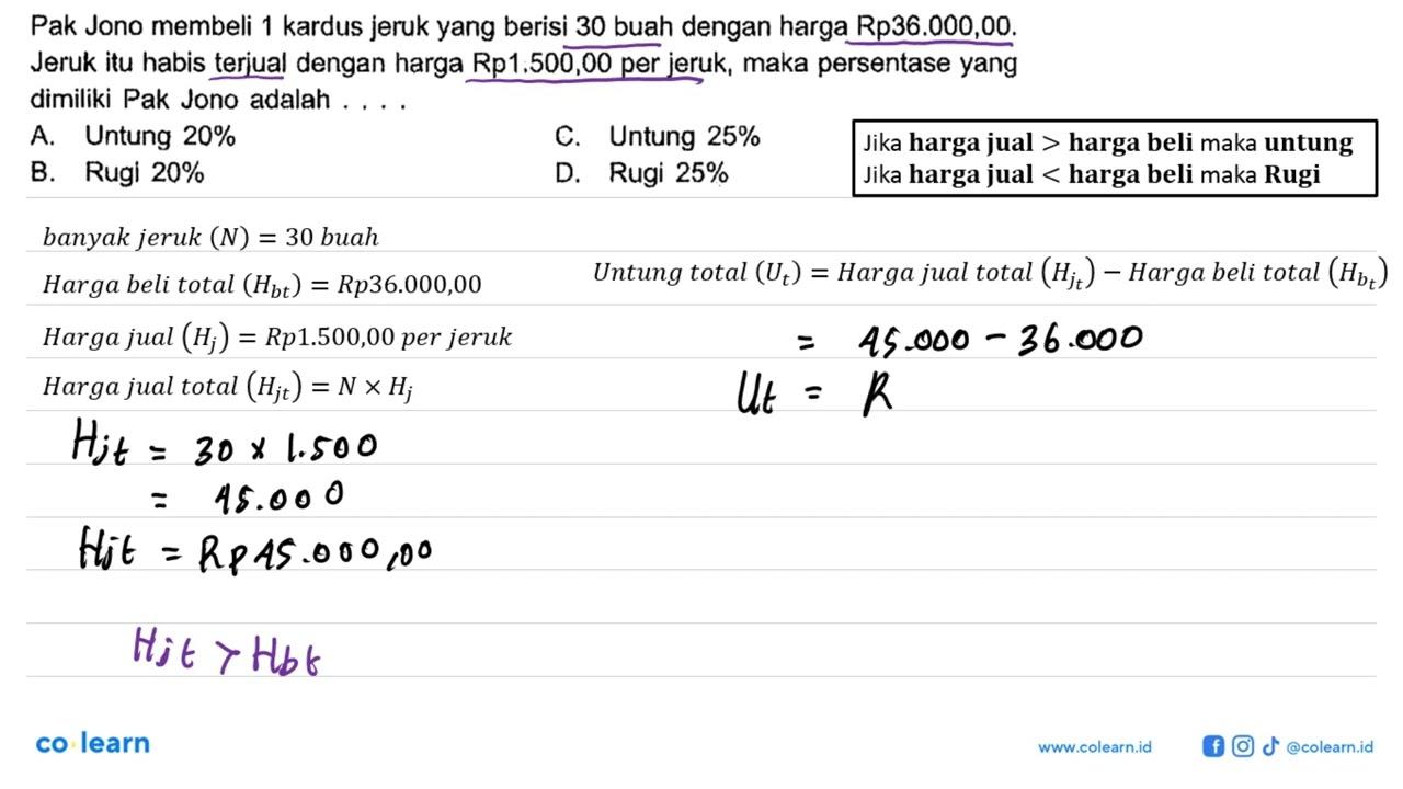 Pak Jono membeli 1 kardus jeruk yang berisi 30 buah dengan