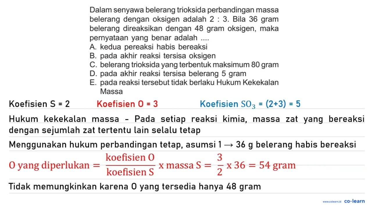 Dalam senyawa belerang trioksida perbandingan massa