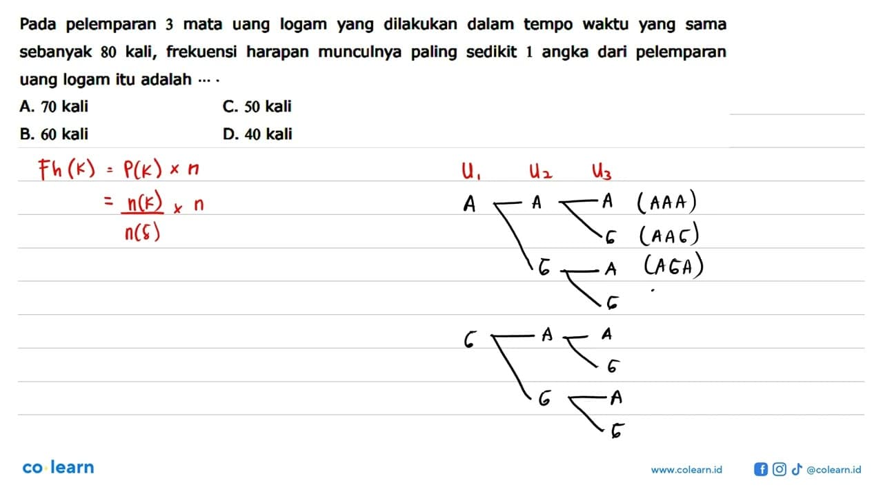 Pada pelemparan 3 mata uang logam yang dilakukan dalam