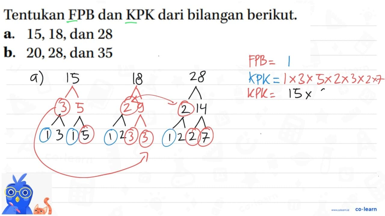 Tentukan FPB dan KPK dari bilangan berikut. a. 15, 18, dan