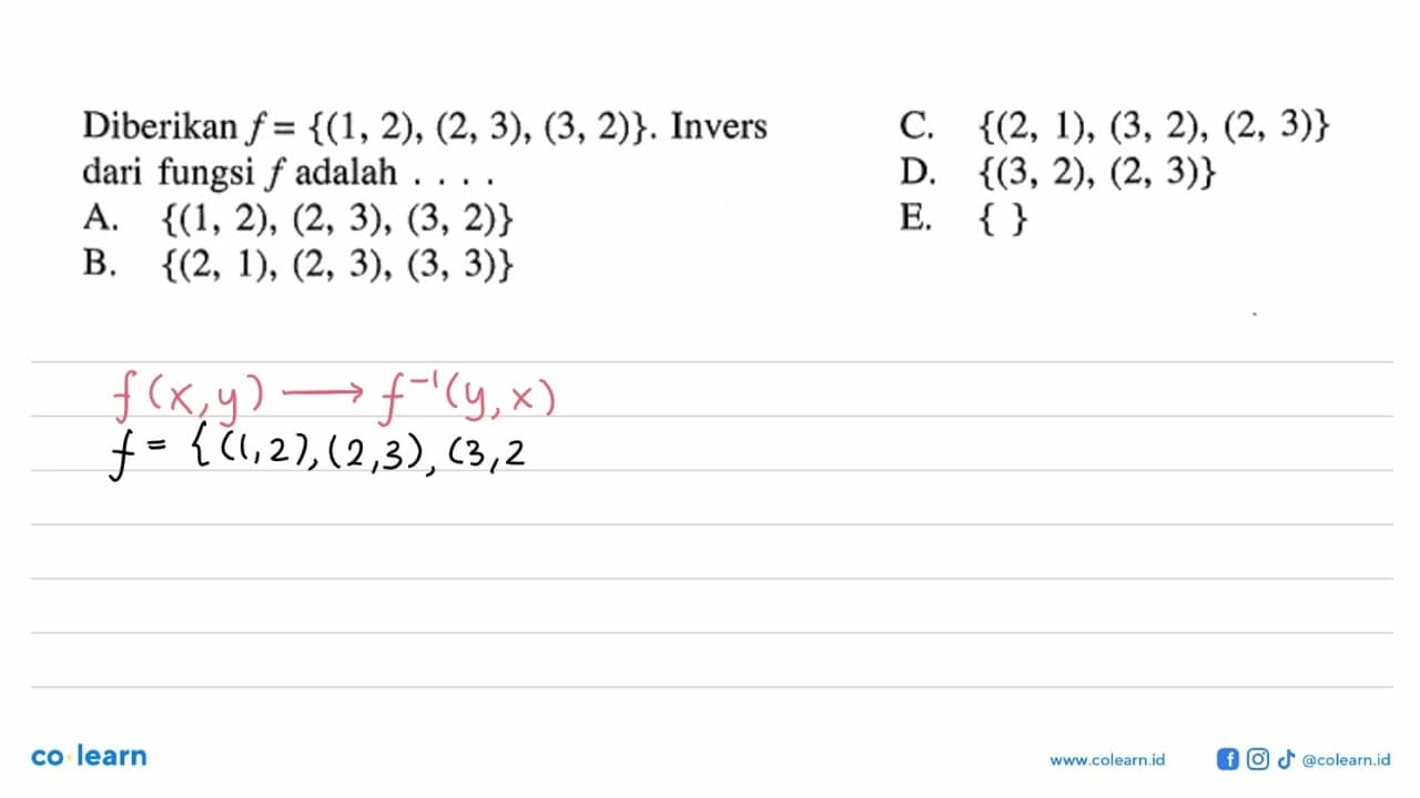 Diberikan f={(1,2),(2,3),(3,2)}. Invers dari fungsi f