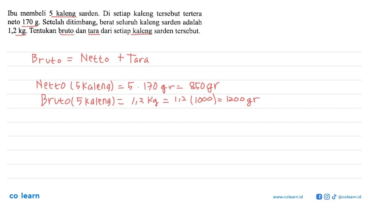 Ibu membeli 5 kaleng sarden. Di setiap kaleng tersebut