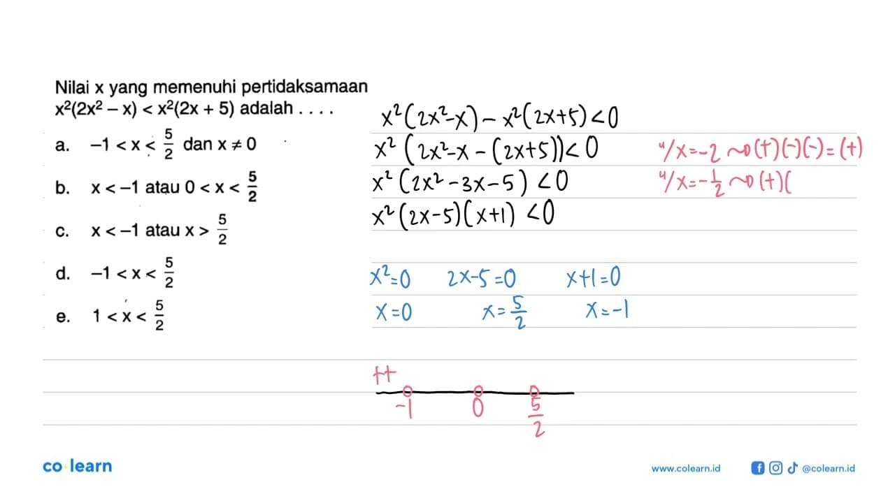 Nilai x yang memenuhi pertidaksamaan x^2(2x^2-x)<x^2(2x+5)