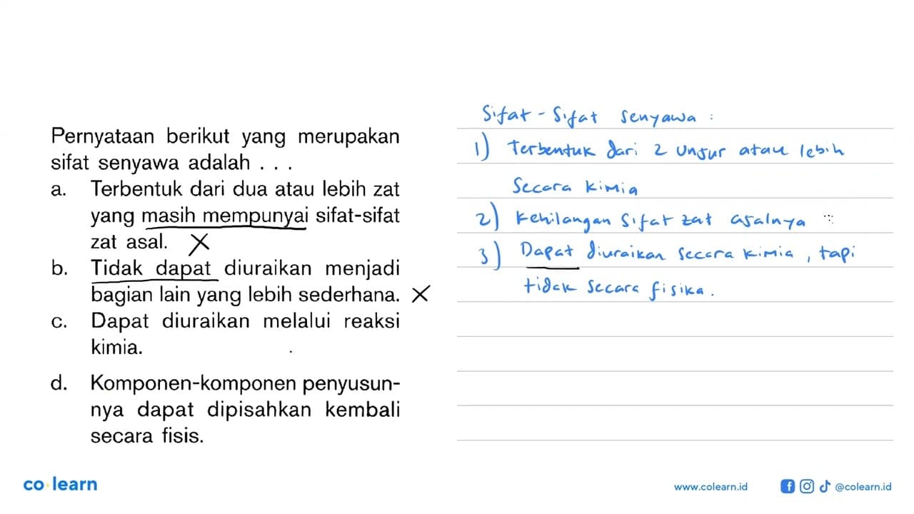 Pernyataan berikut yang merupakan sifat senyawa adalah