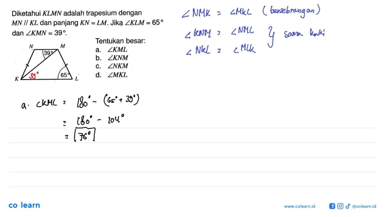 Diketahui KLMN adalah trapesium dengan MN//KL dan panjang