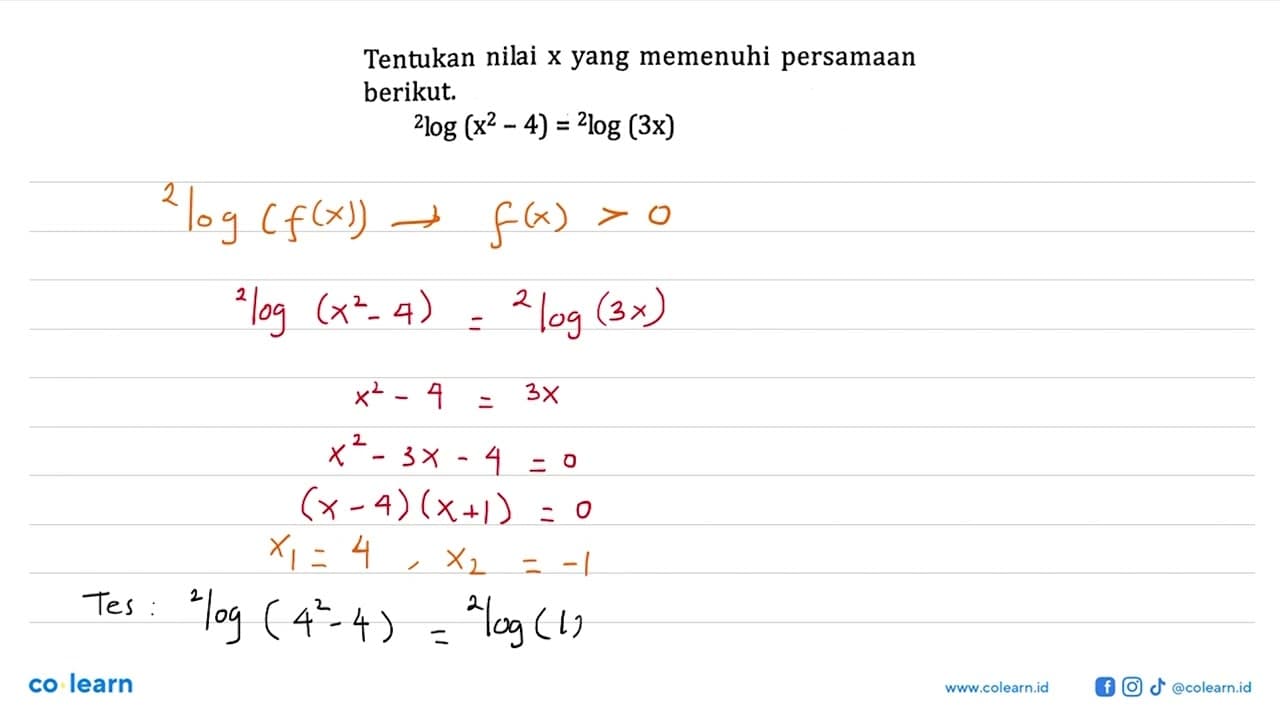 Tentukan nilai x yang memenuhi persamaan berikut. 2log (x^2