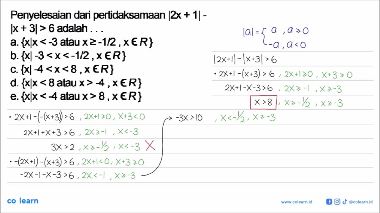 Penyelesaian dari pertidaksamaan |2x+1|-|x+3|>6 adalah ...