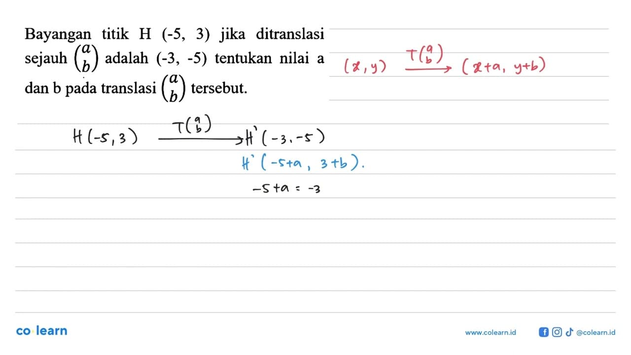 Bayangan titik H (-5,3) jika ditranslasi sejauh (a b)