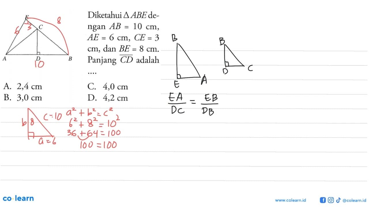 Diketahui segitiga ABE dengan AB=10 cm, AE=6 cm, CE=3 cm,