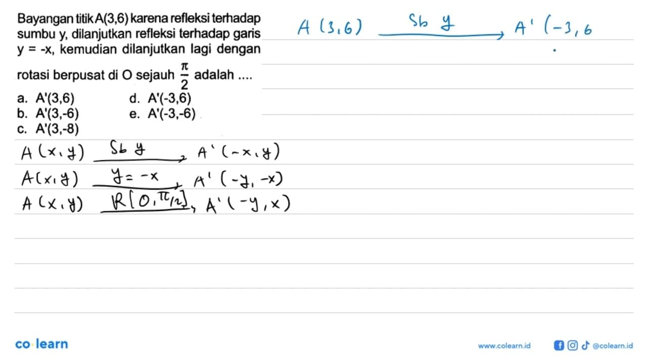Bayangan titik A(3,6) karena refleksi terhadap sumbu y,