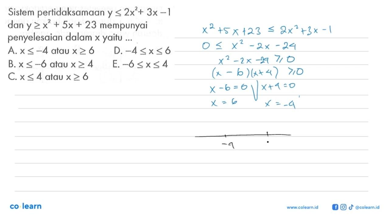 Sistem pertidaksamaan y<=2x^2+3x-1 dan y>=x^2+5x+23