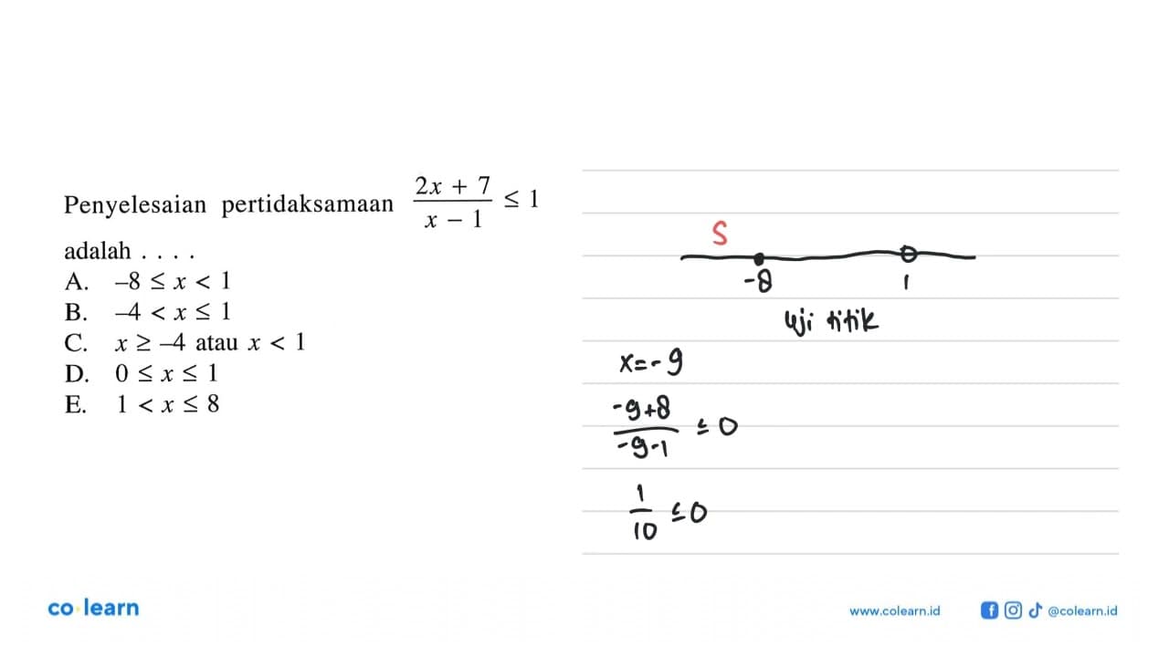 Penyelesaian pertidaksamaan (2x+7)/(x-1)<=1 adalah . . . .