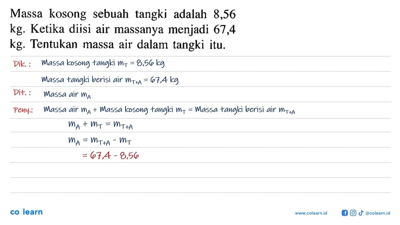 Massa kosong sebuah tangki adalah 8,56 kg. Ketika diisi air