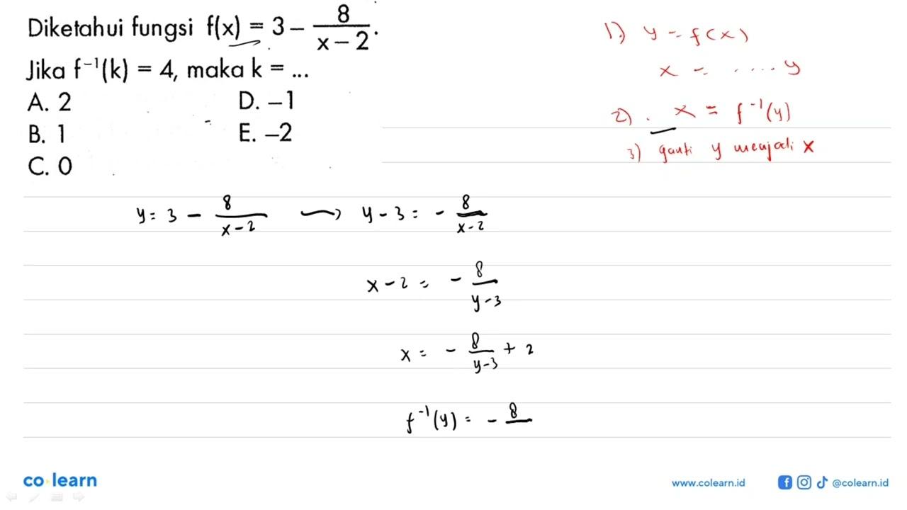 Diketahui fungsi f(x)=3-(8/x-2). Jika f^-1(k)=4, maka