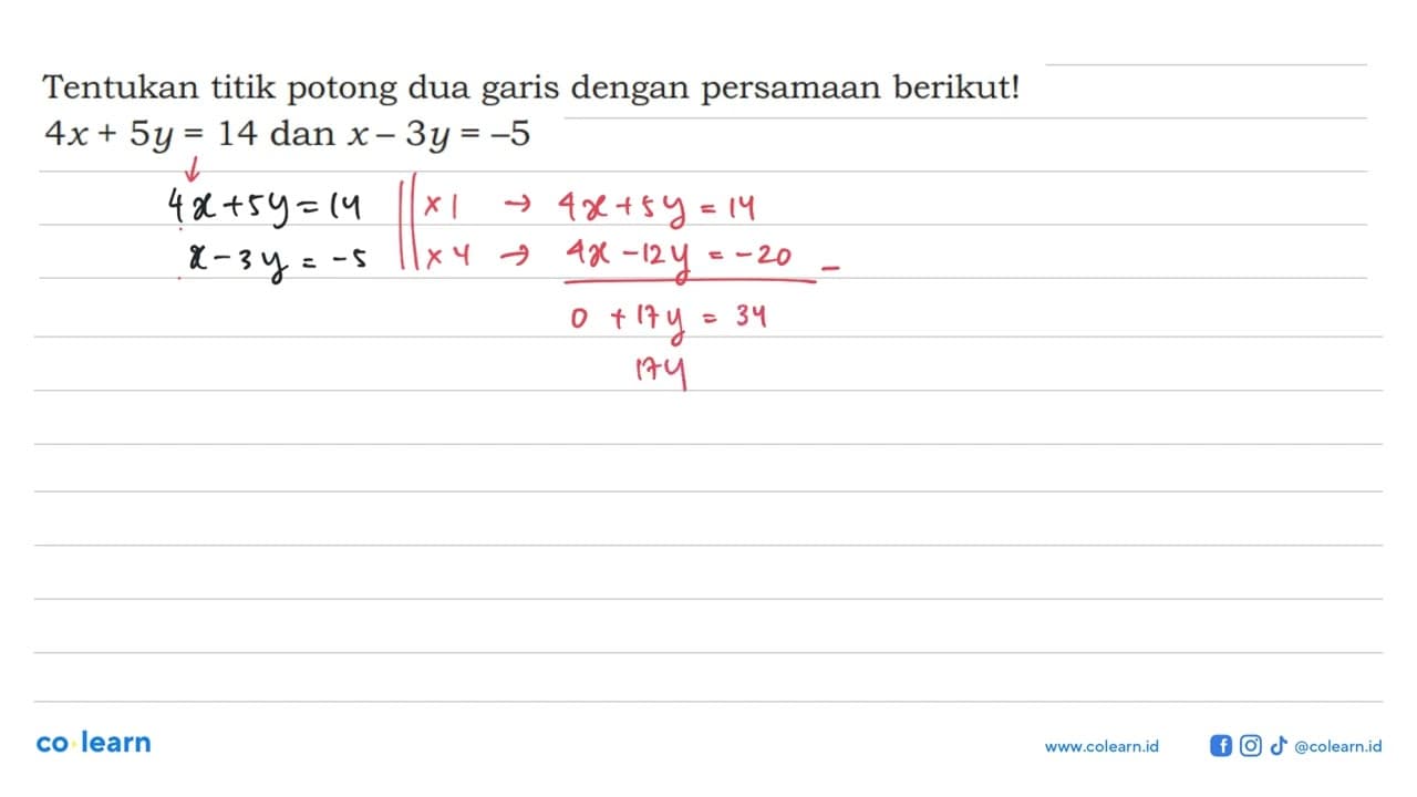 Tentukan titik potong dua garis dengan persamaan berikut!