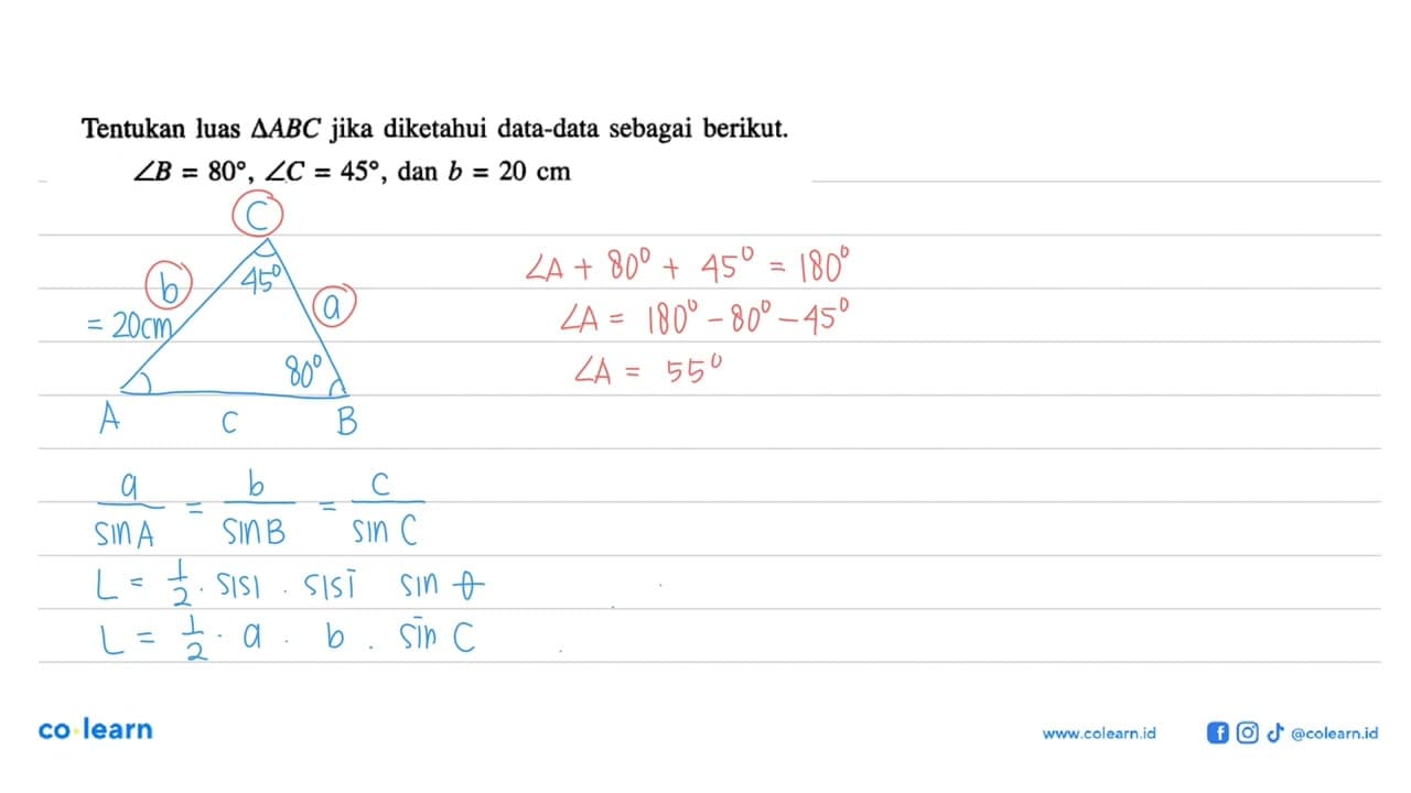 Tentukan luas segitiga ABC jika diketahui data-data sebagai