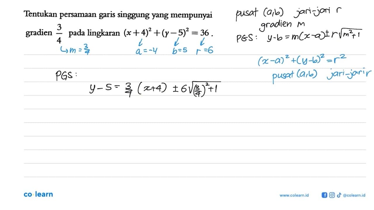 Tentukan persamaan garis singgung yang mempunyaigradien 3/4