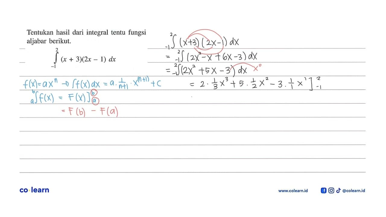 Tentukan hasil dari integral tentu fungsiintegral dari -1 2