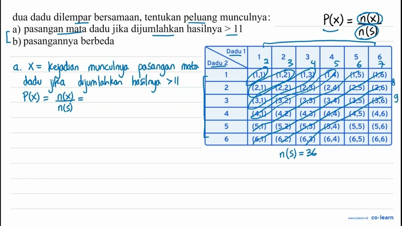 dua dadu dilempar bersamaan, tentukan peluang munculnya: a)