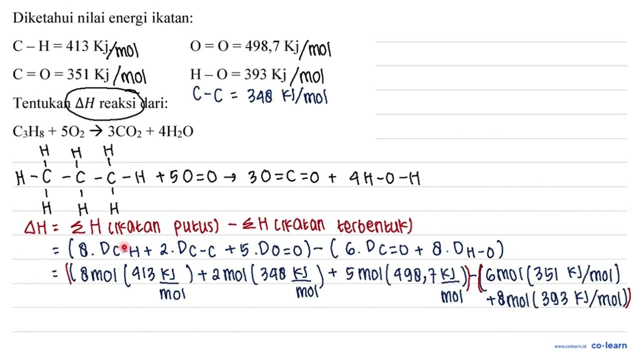 Diketahui nilai energi ikatan: C-H=413 Kj, O=O=498,7 Kj