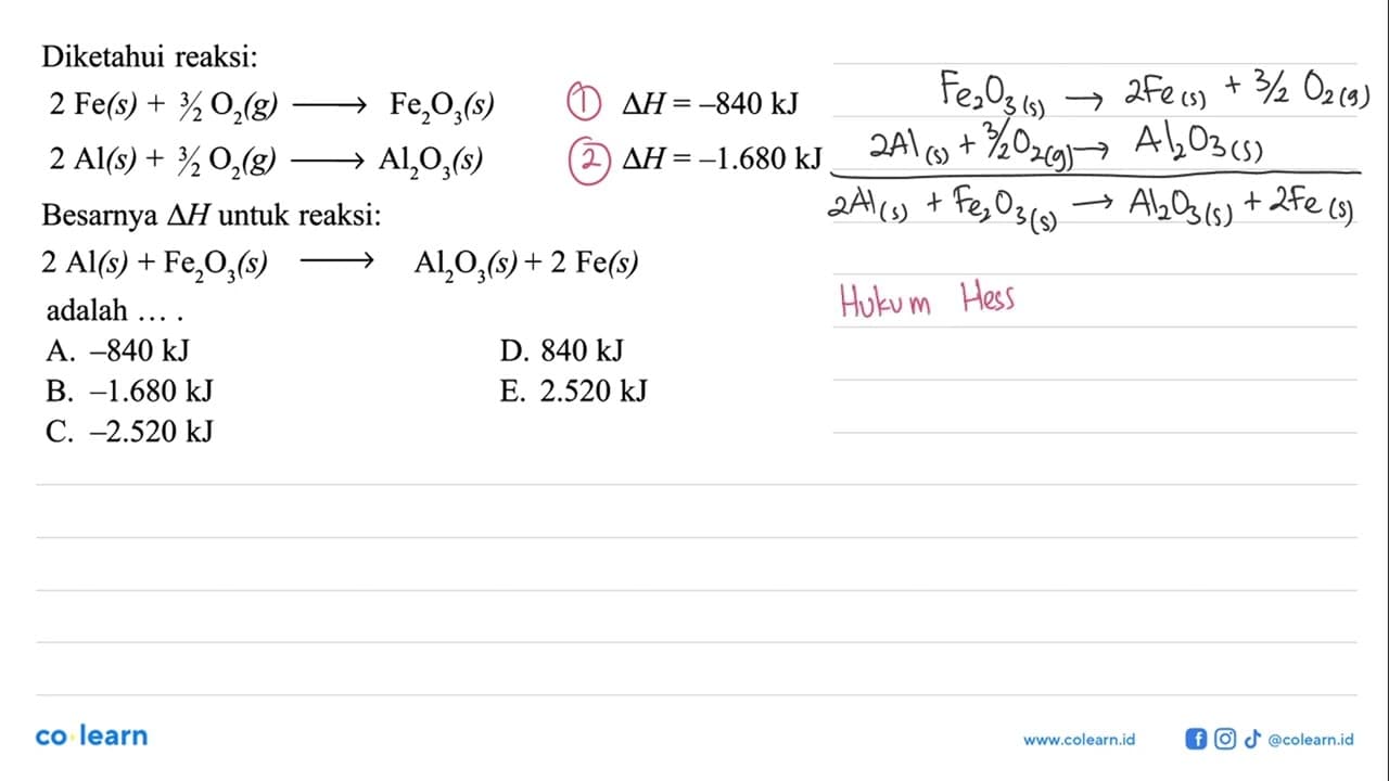 Diketahui reaksi: 2 Fe(s) + 3/2 O2(g) -> Fe2O3(s) delta H =