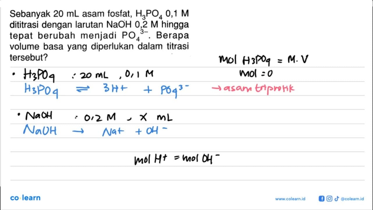 Sebanyak 20 mL asam fosfat, H3PO4 0,1 M dititrasi dengan