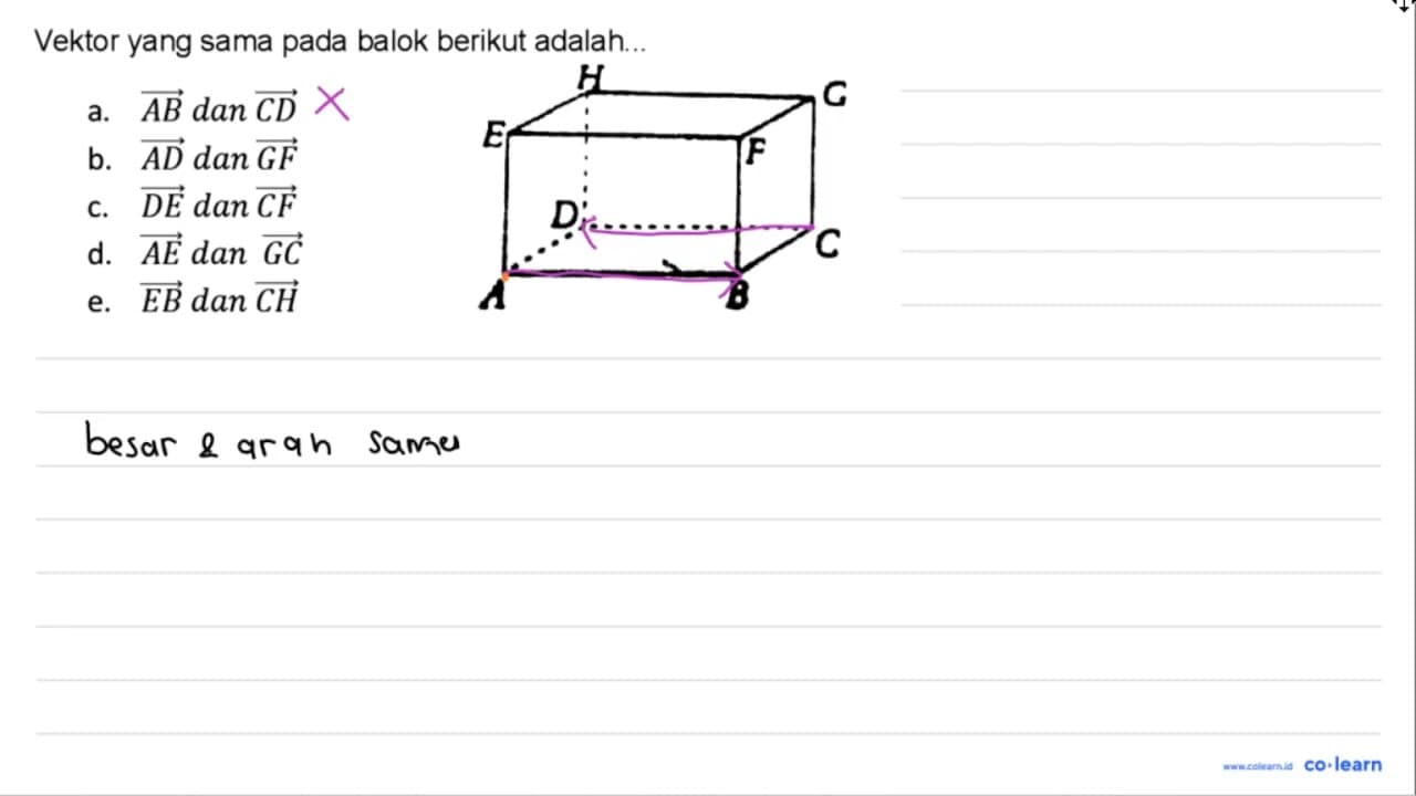 Vektor yang sama pada balok berikut adalah... a. vektor A B