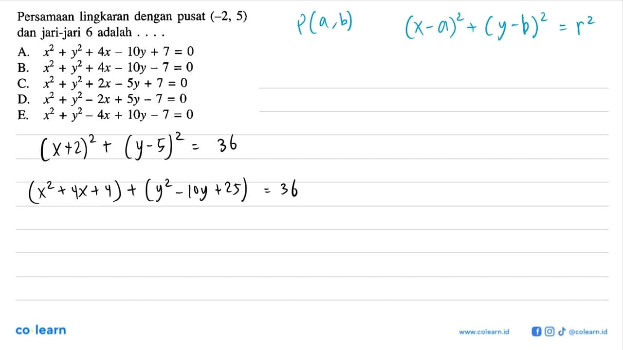 Persamaan lingkaran dengan pusat (-2,5) dan jari-jari 6