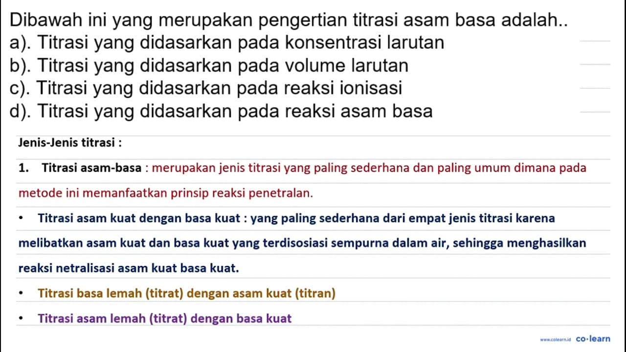 Dibawah ini yang merupakan pengertian titrasi asam basa