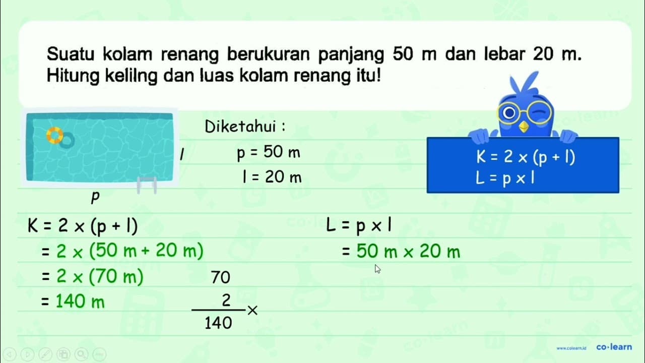 Suatu kolam renang berukuran panjang 50 m dan lebar 20 m .