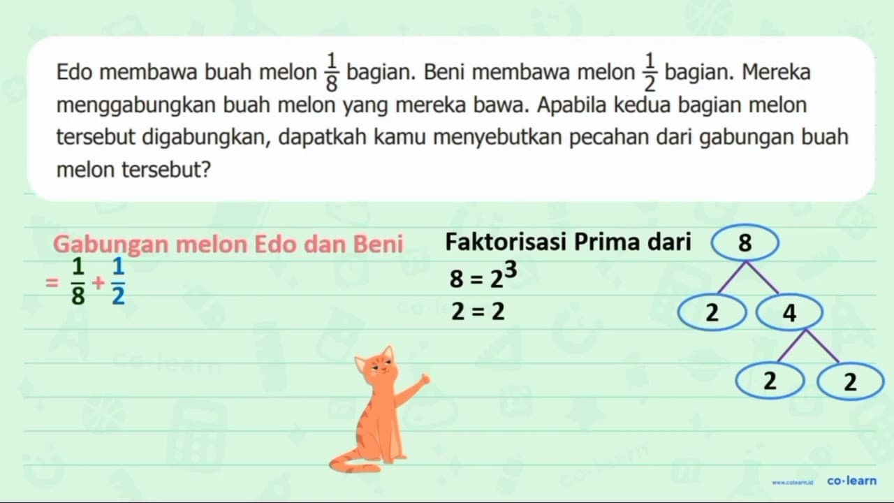 Edo membawa buah melon 1/8 bagian. Beni membawa melon 1/2