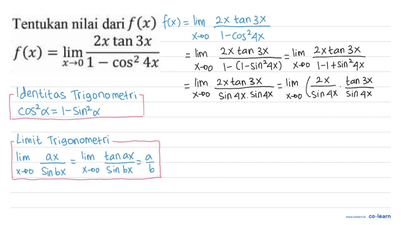 Tentukan nilai dari lim: f(x)=lim _(x -> 0) (2 x tan 3