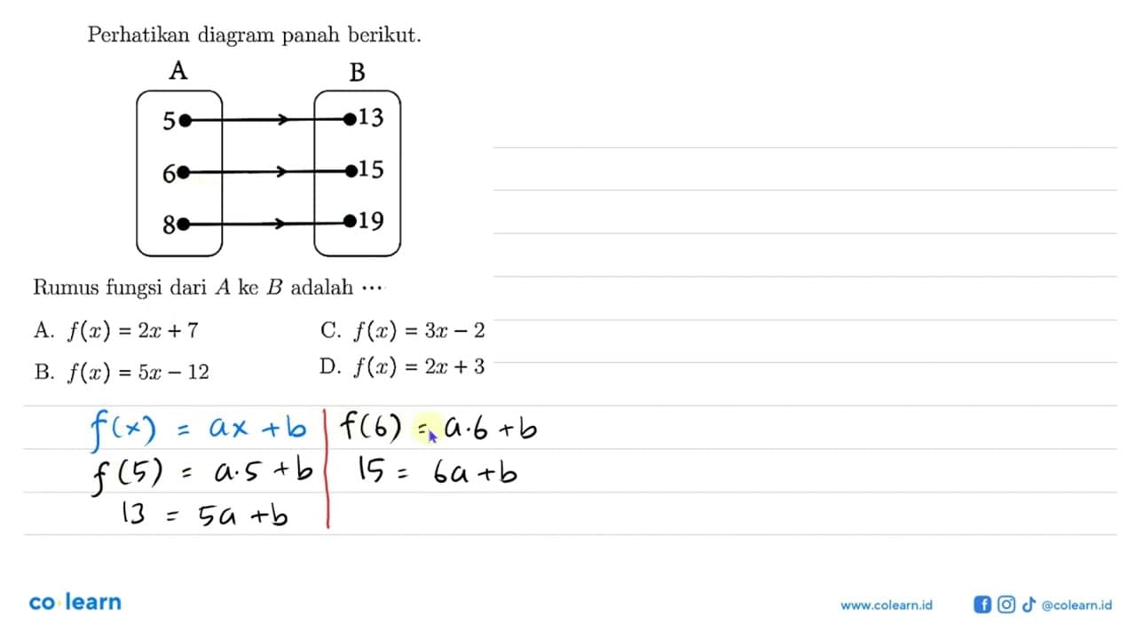 Perhatikan diagram panah berikut. A 5 6 8 B 13 15 19 Rumus