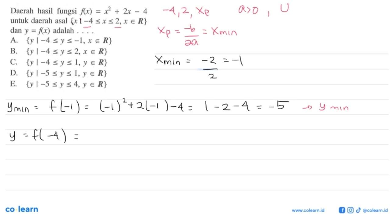 Daerah hasil fungsi f(x)=x^2+2x-4 untuk daerah asal