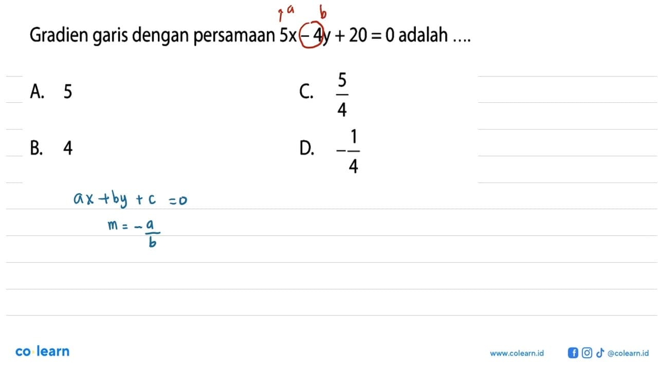 Gradien garis dengan persamaan 5x - 4y + 20 = 0 adalah ....