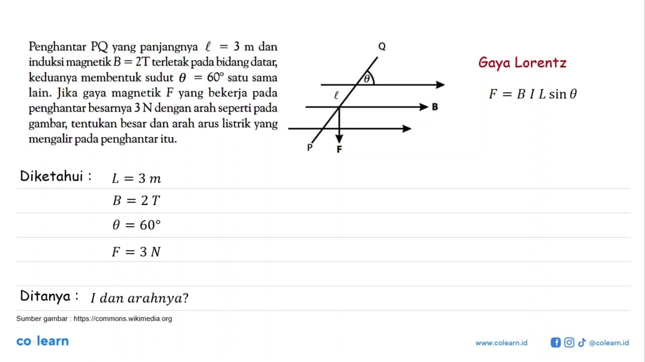 Penghantar PQ yang panjangnya l=3 m dan induksi magnetik