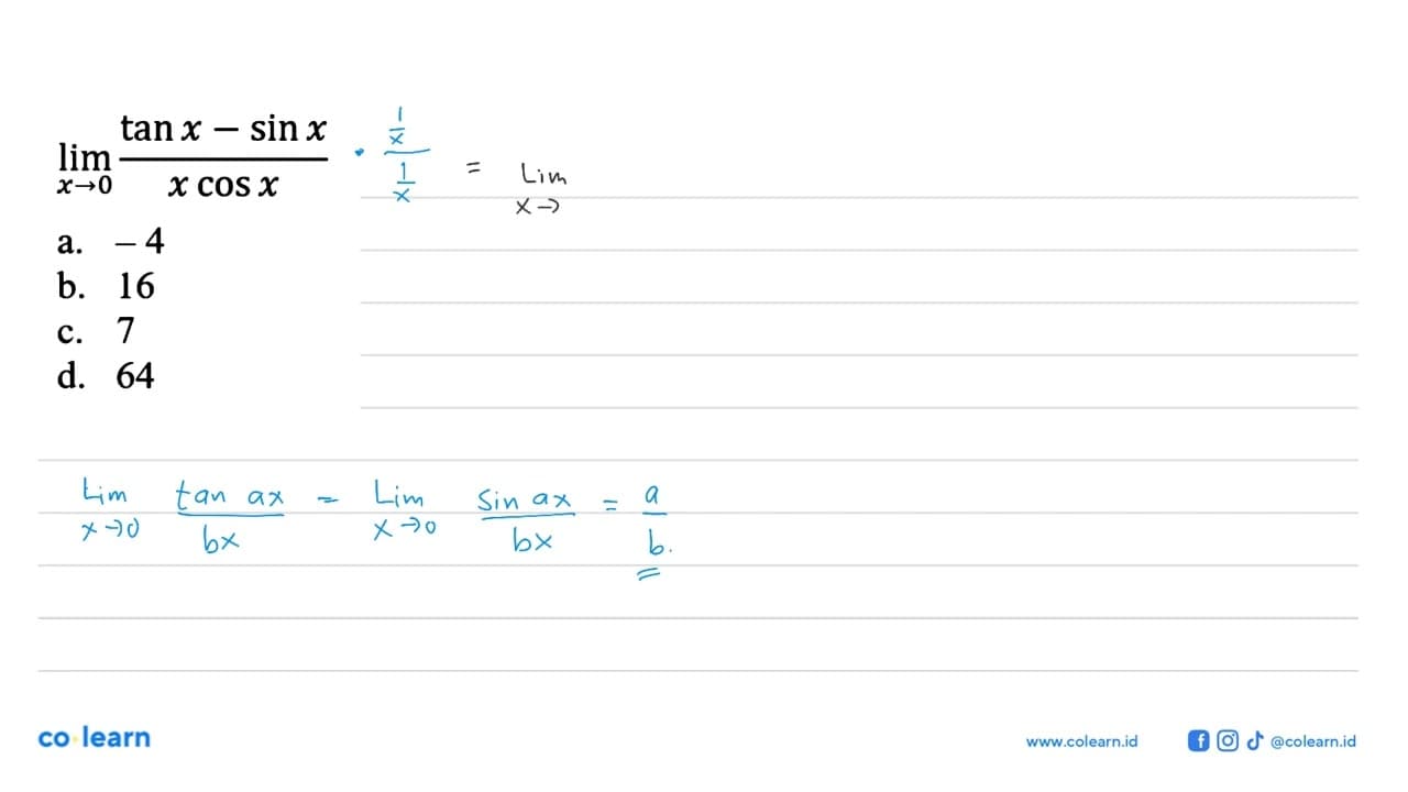 limit x->0 (tanx-sinx)/(xcosx)