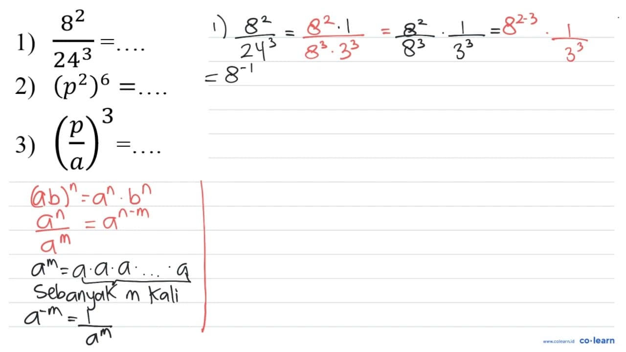 1) (8^(2))/(24^(3))=... 2) (p^(2))^(6)=... 3)