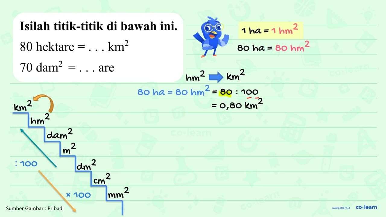 1. 80 hektare = ... km^2 2. 70 dam^2 = ... are