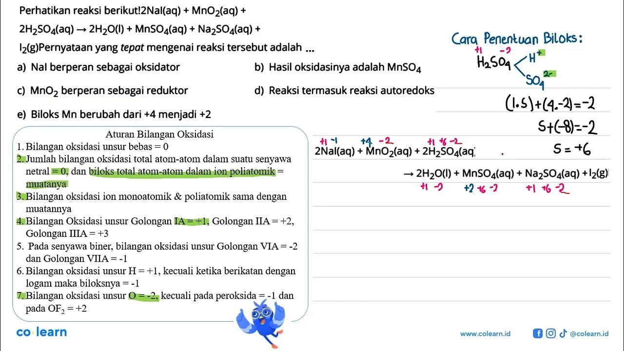 Perhatikan reaksi berikut!2Nal(aq) + MnO _(2)(a q)+ 2