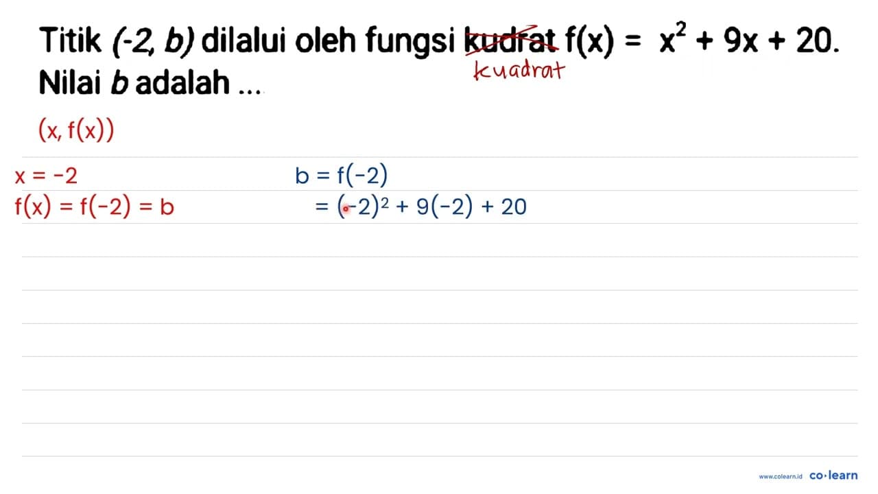 Titik (-2, b) dilalui oleh fungsi kudrat f(x)=x^(2)+9 x+20