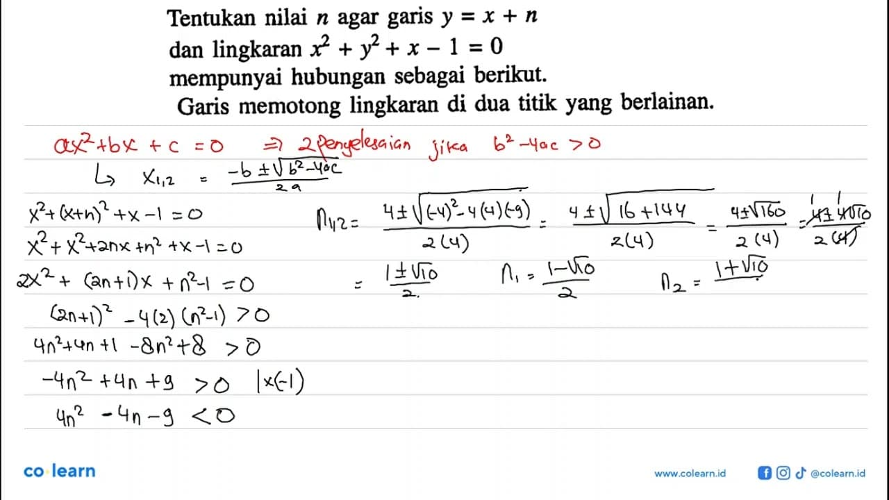 Tentukan nilai n agar garis y=x+n dan lingkaran