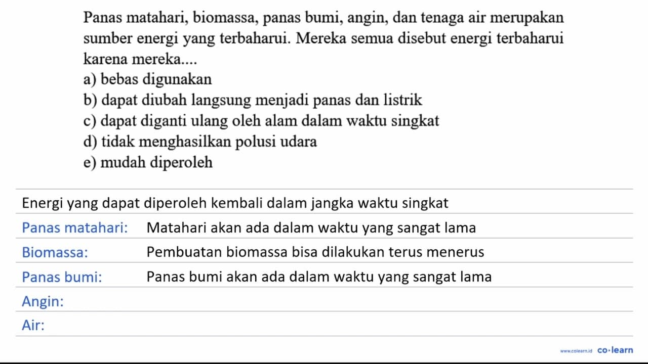 Panas matahari, biomassa, panas bumi, angin, dan tenaga air