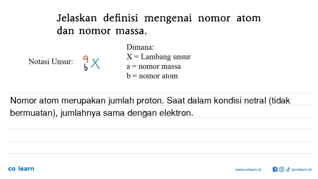 Jelaskan definisi mengenai nomor atom dan nomor massa.